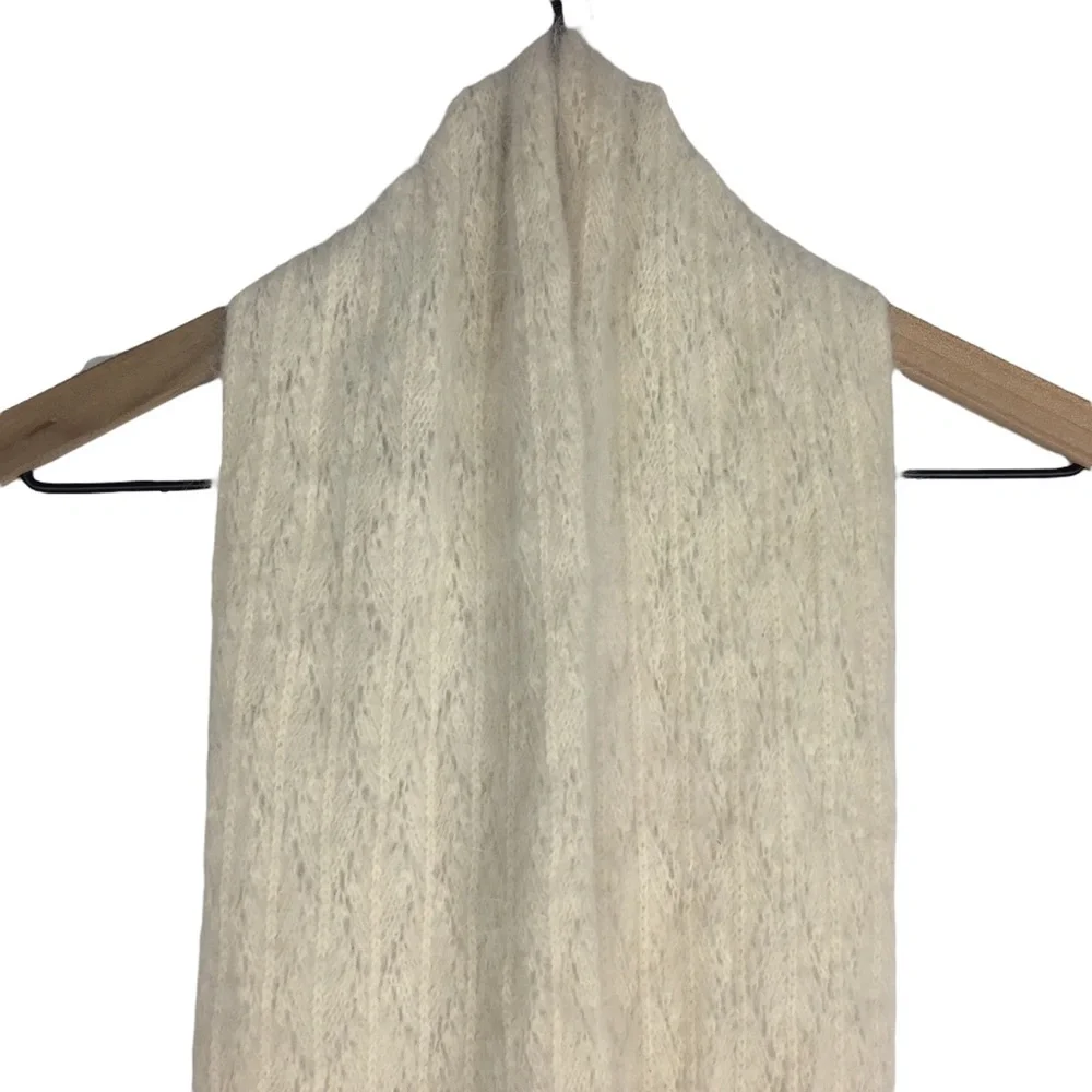 ANGORA Rabbit Hair Wool Blend Scarf Fresh Ivory Fringe Neutral Coastal Grandma